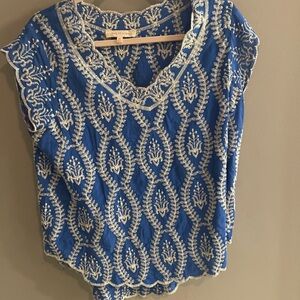 Solitaire Royal Blue and White Embroidered Blouse